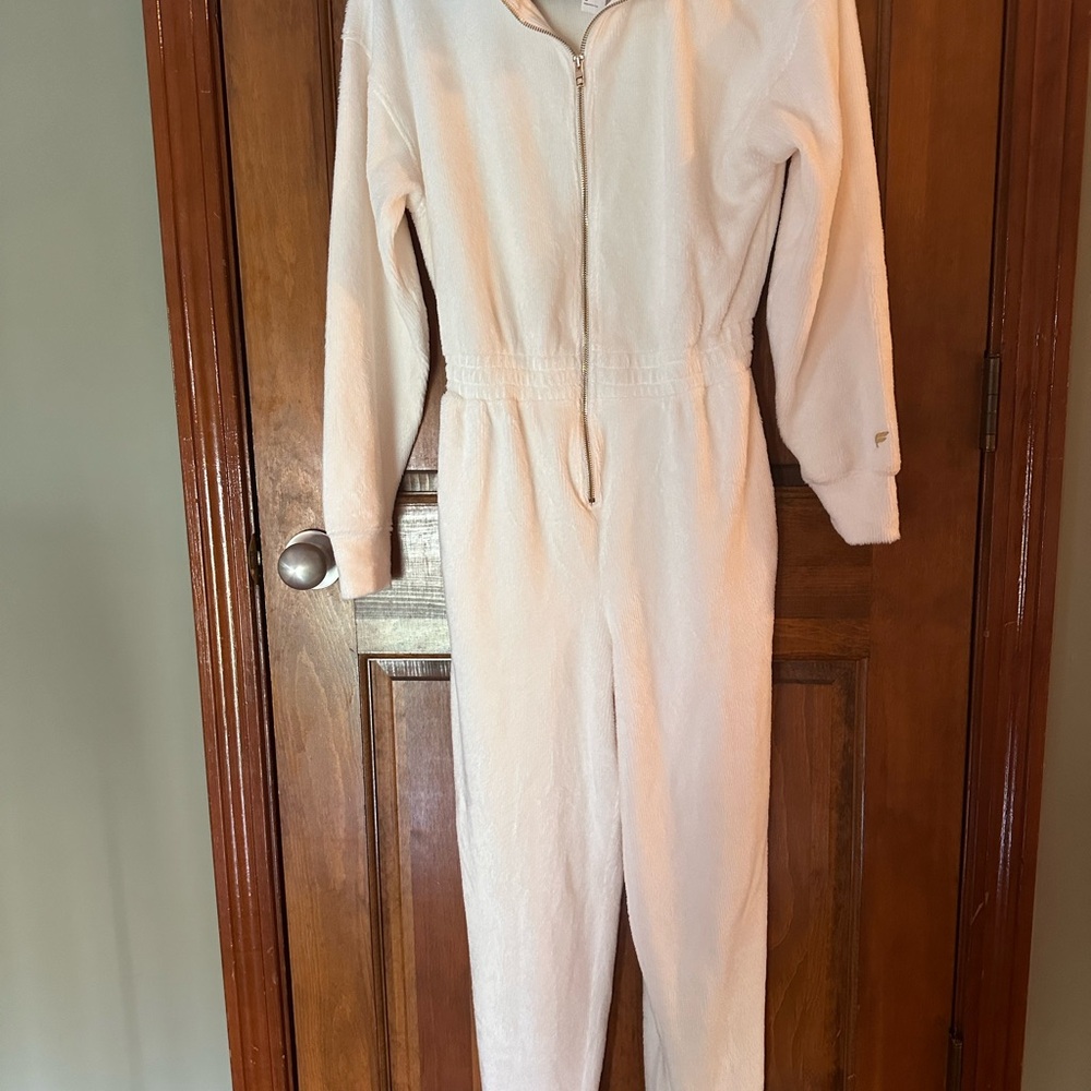 Fabletics Cream Cozy Jumpsuit with gold Zipper- Small
